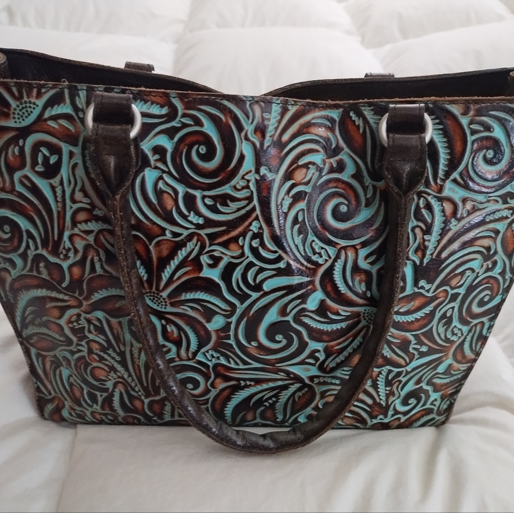 Patricia Nash Zancona Tooled Turquoise & Brown Leather -like New w/tags detached